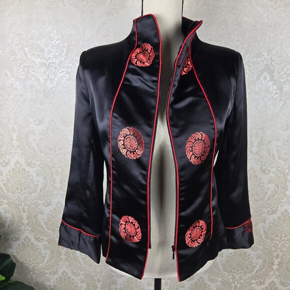 VuahongMei Size Medium Black Satin Zip Front Blazer Red Accents Asian Design - Picture 10 of 13